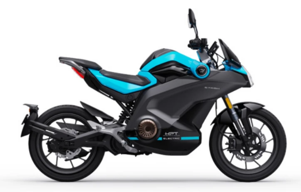 Vmoto Stash electric motorbike in blue and black, side view