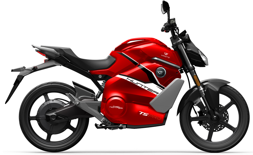 Vmoto TS Street Hunter PRO electric motorcycle in red, side view