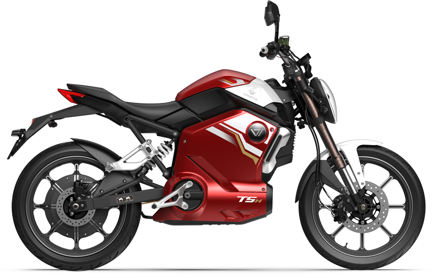 Vmoto TSx electric motorcycle in red, side view